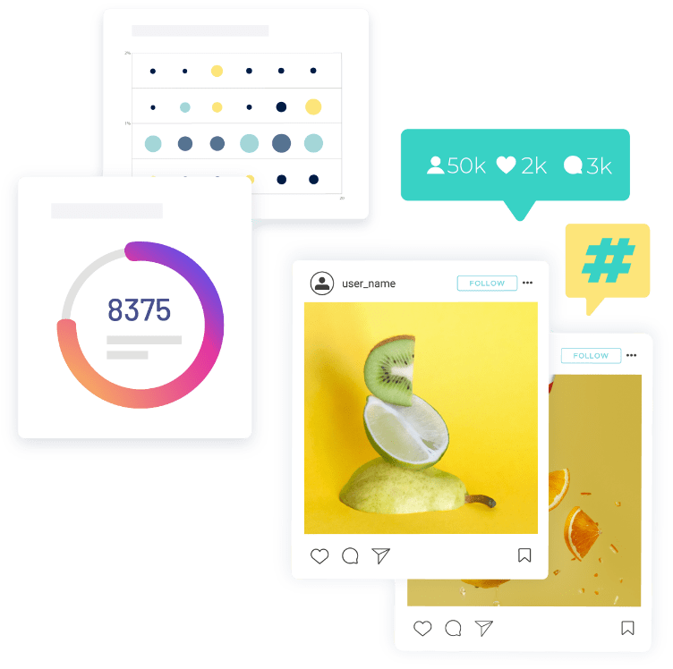 Examples of Instagram posts with various charts and metrics around them. 